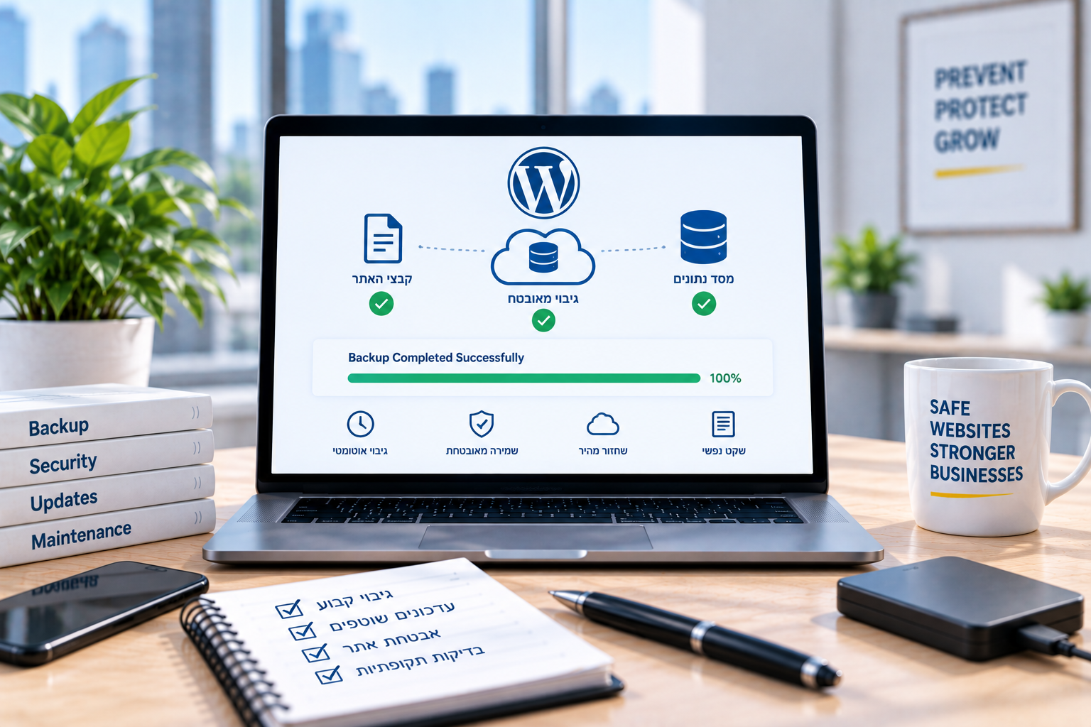 תחזוקת אתר WordPress – גיבוי, עדכונים, אבטחה, בדיקות וניטור